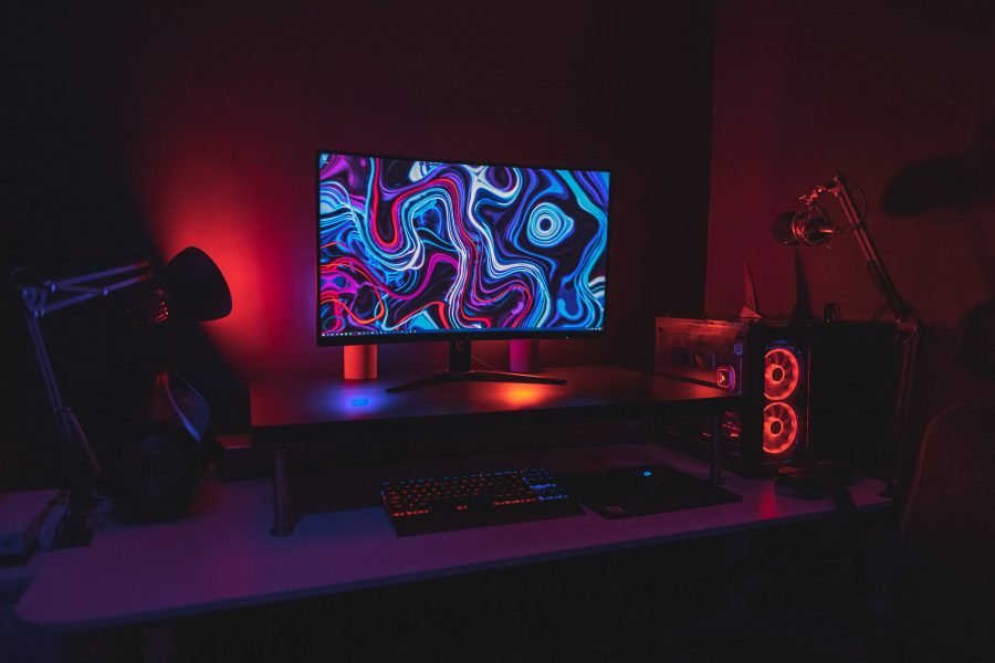 A gaming rig backlit by a red light