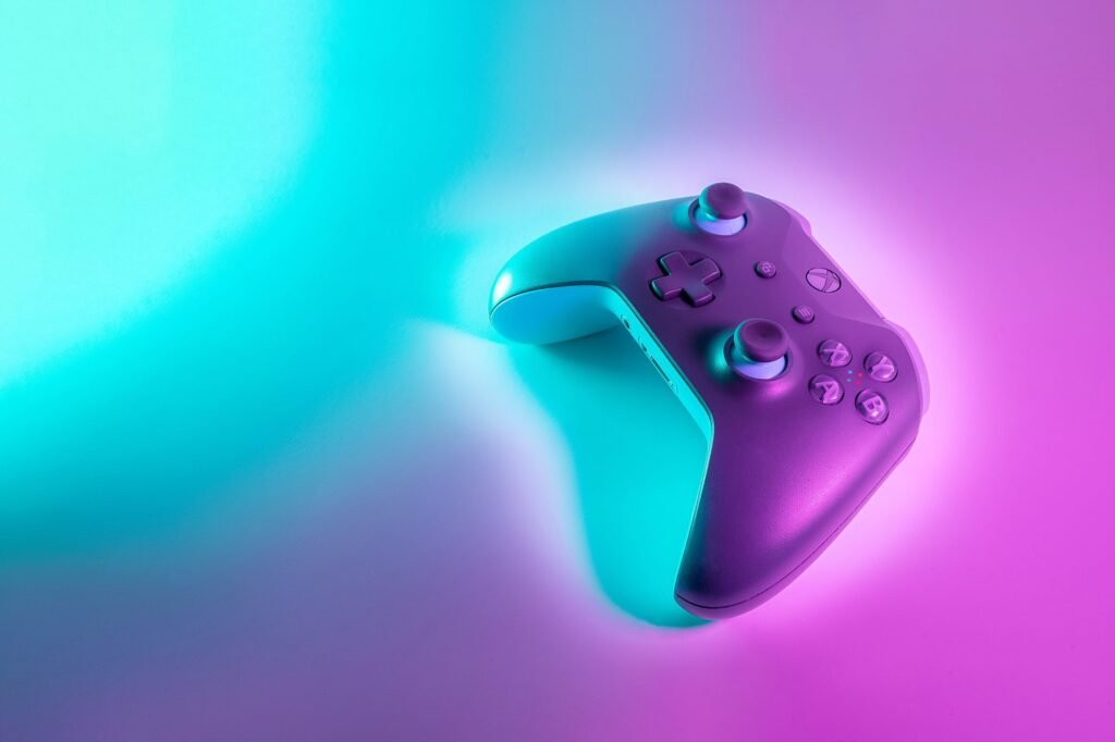 A blue and purple Xbox controller